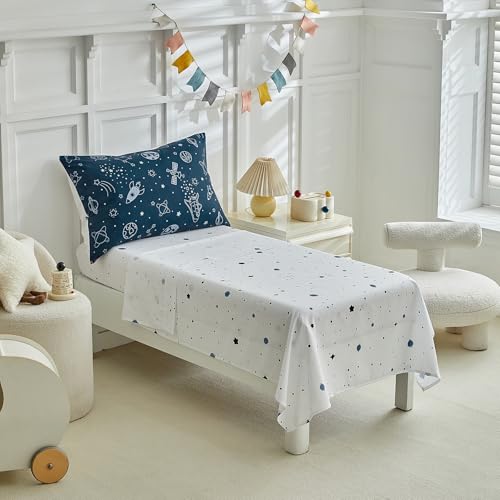 Image of 4 Pieces Toddler Bedding Set for Boy,Space Toddler Bed Comforter Set,Soft and Breathable Microfiber Crib Sheet Set,Includes Quilted Comforter, Flat Top Sheet, Fitted Sheet, Envelope Pillow Case -Blue