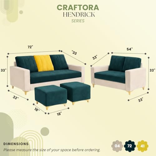 Image of Heaven Dual Tone Plush Velvet 3 Seater + 2 Seater Sofa Set with 2 Ottoman | Silken Velvet Suede Upholstery | Designer Sofa for Living Room & Office Spaces (Green Teal & Cream)