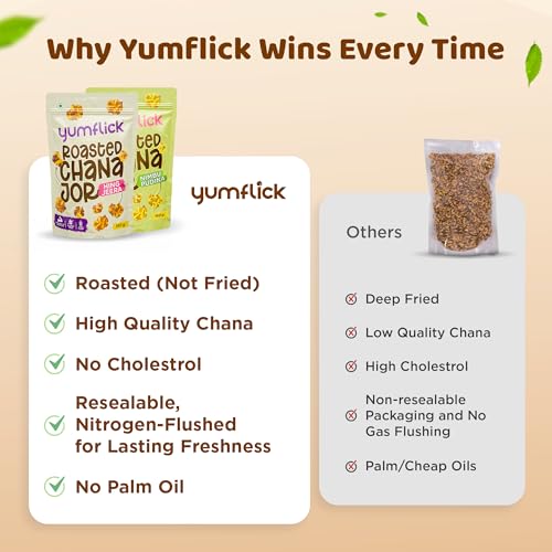Image of Yumflick Roasted Chana Jor - Nimbu Pudina & Hing Jeera Flavour | Pack of 2 (180g x 2) | High Protein & Fibre | Roasted Not Fried | Gluten-Free | No MSG | No Palm Oil | Zero Cholesterol Snack