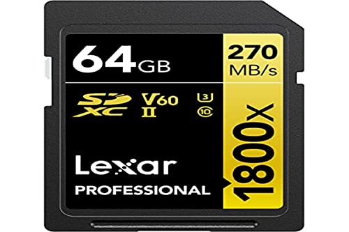 Lexar SDXC Professional 64GB 1800x UHS-II Serie Gold, Clase 10, U3, V60, para grabación de vídeo 4K, Negro