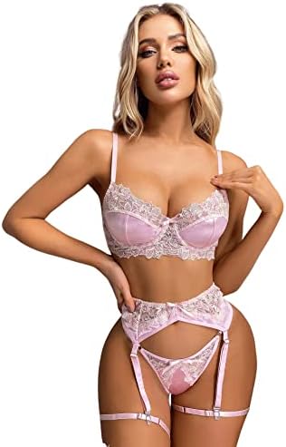 SweatyRocks Women’s 4 Piece Lingerie Set Floral Lace Bra and Panty with Garter Nightwear
