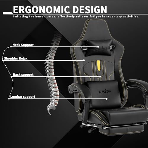 SUKIDA Gaming Chair Massage - Gamers Choice Gaming Chairs for Adults, Reclining Ergonomic Gamer with Footrest Pc Computer Comfy Leather Swivel Recliner Adjustable Backrest Lumbar,  image 3