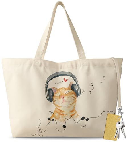 Miss Adola Large Tote Bag for Women - Aesthetic Cute Big Canvas Bags with Zipper Cotton Reusable Shoulder Bag with Hook Graphic for Travel, Work, Shopping, Gym, Cat With Earphone