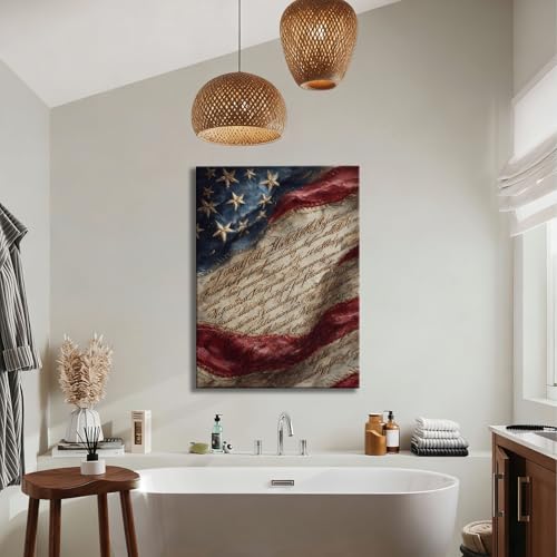 Image of RIBNTAK Vintage Americana Canvas Wall Art, Rustic American Flag and Constitution Pictures Patriotic Artwork for Farmhouse Decor, Independence Day Decorations for Living Room Bedroom Entryway