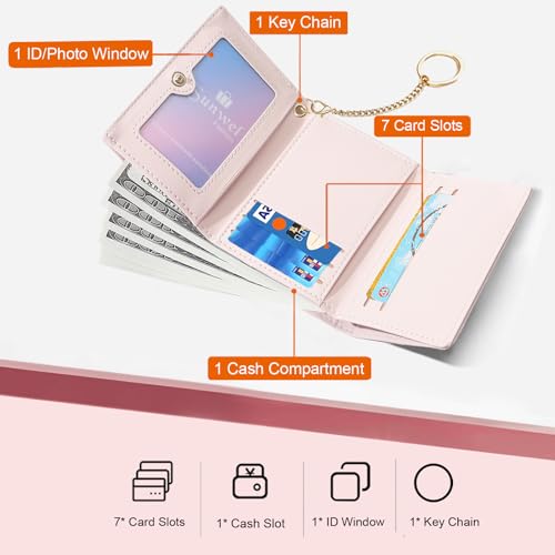 Sunwel Fashion Cute Coquette Bow Wallet with Key-chain Aesthetic Card Holder ID Window for Women Girls (PINK)3