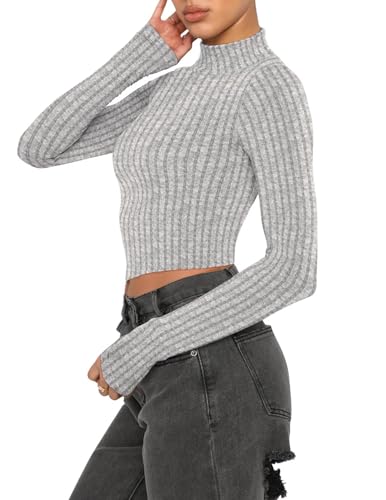 VICHYIE Womens Fall Mock Neck Shirts Cropped Thin Sweater Long Sleeve Soft Fuzzy Pullover Jumper Tops4