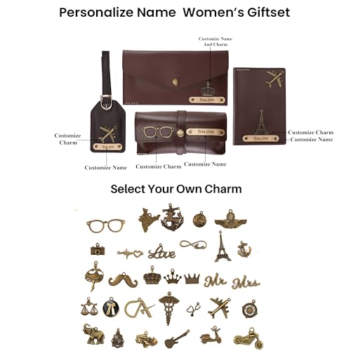Image of AICA Personalized Name & Charm Passport Cover Combo Giftset for Women (Darkbrown) | Customized Corporate Farewell Retirement Thank You Gift for Office Women Colleagues Clients Employees