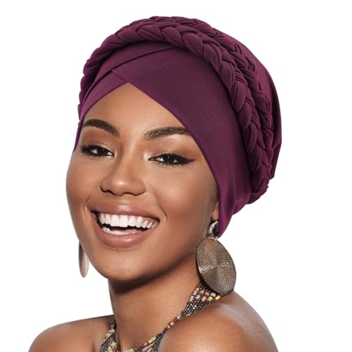 Image of DRESHOW African Women Turban Caps Beanie Twist Headscarf Pre-Tied Double Twisted Braid Hair Cover Wrap Hat Chemo Cancer Cap
