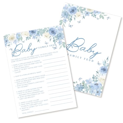 YUISLE Blue Floral Family Feud Game, Baby In Bloom Baby Shower Games for Girl Boy, 25 Game Card & 1 Answer Card-A06