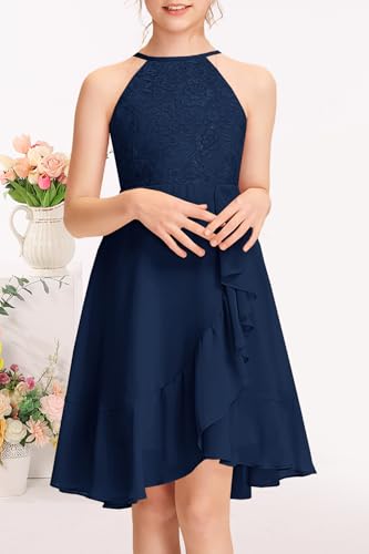 MITILLY Girls Lace Flower Ruffle Dress Chiffon Halter A Line High Low Flowy Junior Bridesmaid Dresses for Wedding Party2