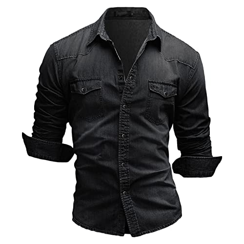 Maiyifu-GJ Men's Long Sleeve Denim Shirt Casual Button-Down Western Regular Fit Shirts Slim Fit Washed Jean Shirt (Black,X-Large)