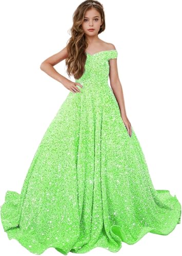 Pageant Dresses for Girls Sparkly Sequin Flower Girl Dress Princess Off Shoulder Ball Gown