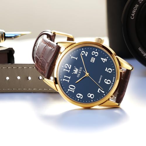 Image of OLEVS Watch Men Mens Watches Watches for Men Leather Band Classic Brown Leather Watch Men, Analog Watch Men, Black Mens Leather Watch, Dress Waterproof Large Face Mens Watch,Relojes para Hombres Watch