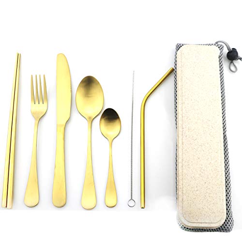 Gold Reusable Utensils with Case Camping Travel Silverware Set,Portable Stainless Steel Cutlery Set - Matte Flatware Set Knife Fork Spoon Mirror Straws Chopsticks - for Office Lunch, Hiking, School