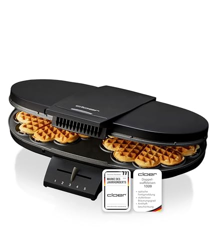 Cloer 1320 Doppelwaffeleisen für zwei klassische Waffeln, 1200 W, Waffelgröße 15,5 cm, optische Fertigmeldung, Edelstahl, schwarz