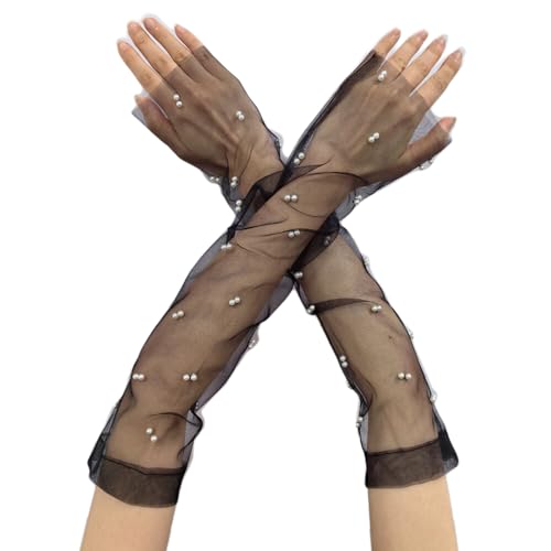 AWOCAN Women Sheer Long Pearl Mesh Tulle Gloves - Fingerless Wedding Bridal Opera Party Gloves (Black L)