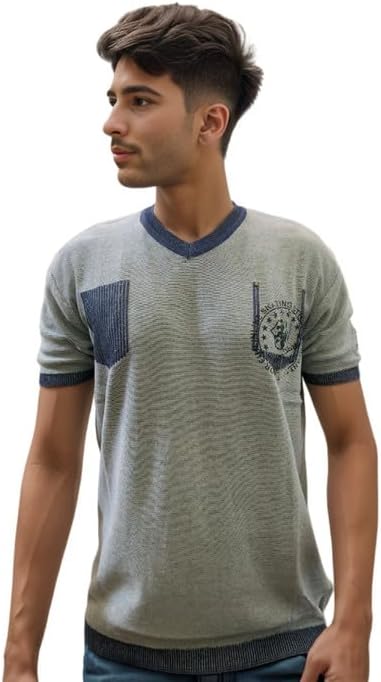 Solid V-Neck Printed t Shirts for Men - 100% Light-Weight Premium Cotton Regular-Fit Half-Sleeve Knitted t Shirt for Men (Flat-Knit)