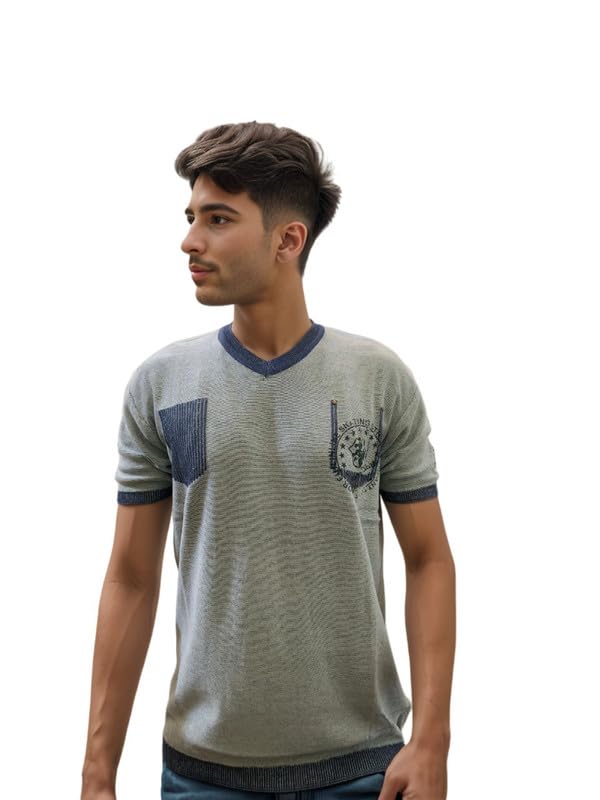 Solid V-Neck Printed t Shirts for Men - 100% Light-Weight Premium Cotton Regular-Fit Half-Sleeve Knitted t Shirt for Men (Flat-Knit)