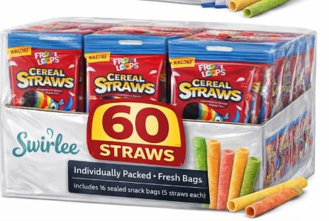 Swirlee Pop Froot Loops Pajitas de cereales – Paquete a granel (20, 40, 60 unidades) – Pajitas comestibles frutales envueltas individualmente (60 unidades)