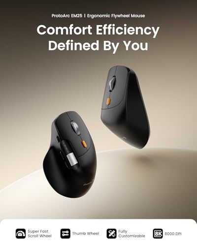 ProtoArc EM25 Ergonomische Maus mit Schnelles Scrollen, 2.4G Kabellos + 2*Bluetooth Wiederaufladbare Mouse, Seitliches Mausrad, Anpassbare Schaltflächen, 8K DPI, für Windows/Mac/Android - Schwarz
