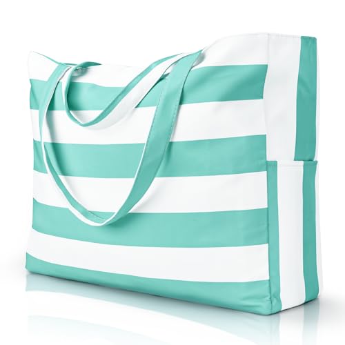 Iioscre Beach Bag for Women,Waterproof Beach Tote with Zipper and Pocket, Sandproof Large Swim Pool Bag for Travel
