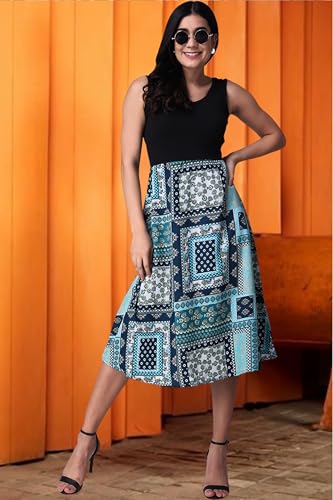 Image of POPWINGS Casual Boho Printed and Solid Peplum Dress for Women || Summer Dresses for Women || Sleeveless Women Dresses || Round-Neck Knee-Length Fit and Flare Stylish Dresses for Women