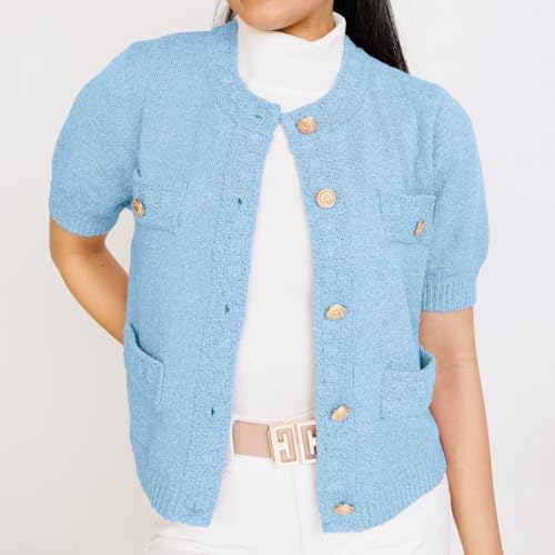 ThCreasa Womens Cropped Short Sleeve Cardigan Sweaters Button Up Crew Neck Knitted Solid Sweater Shirt Outfit3
