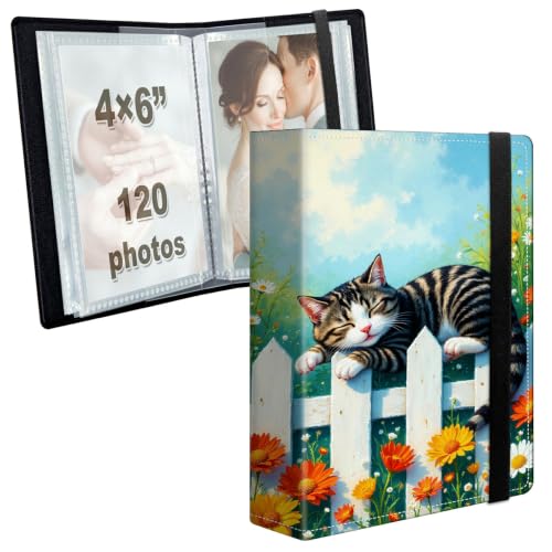 Image of Photo Album 4x6 120 Photos with Strong Elastic Band, Sleeping Tabby Cat | Large Capacity Premium Leather Picture Album, Portable Wallet Albums Photo Book for Family Anniversaries Wedding Baby