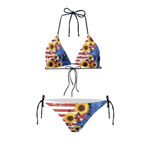 Viewamoon 2 Piece Swimsuit for Women Sexy Bikini 2 Piece Push Up Bikini Sets for Girls Ladies Bathing Swimwear Tie Back Bottoms Push Up V-Neck Top for Swim,XL(American Flag & Sunflower)