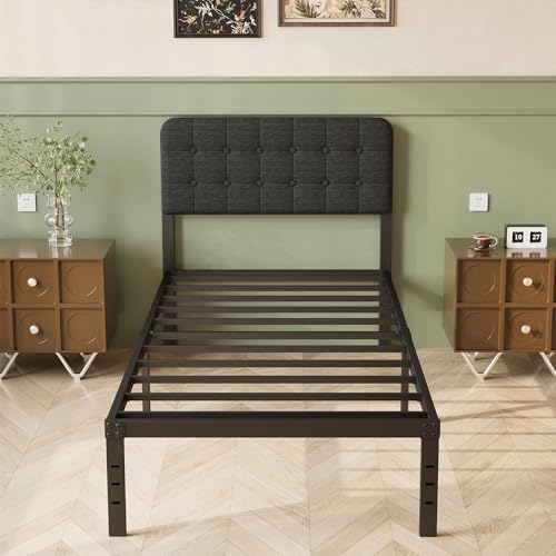 Lutown-Teen Single Bed Frame 3ft with Upholstered Headboard, 36 cm High, Heavy Duty Metal Bed Frame Single with Steel Slats, Ample Storage Underbed, Easy Assembly, Noise Free, Black