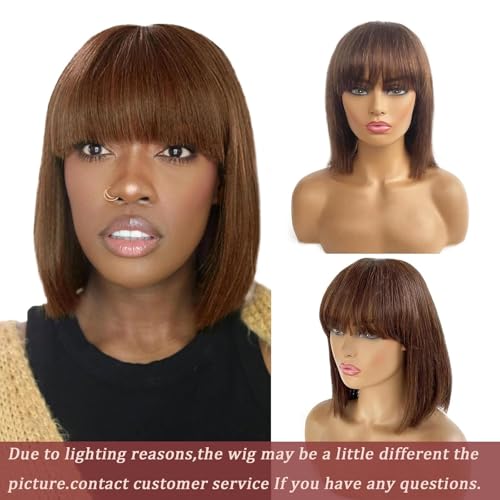 Chocolate Brown Straight Bob Wig Human Hair Short Straight Human Hair Wigs with Bangs Brazilian Straight Wig with Bangs None Lace Front Wigs For Black Women 14Inch - Image 4