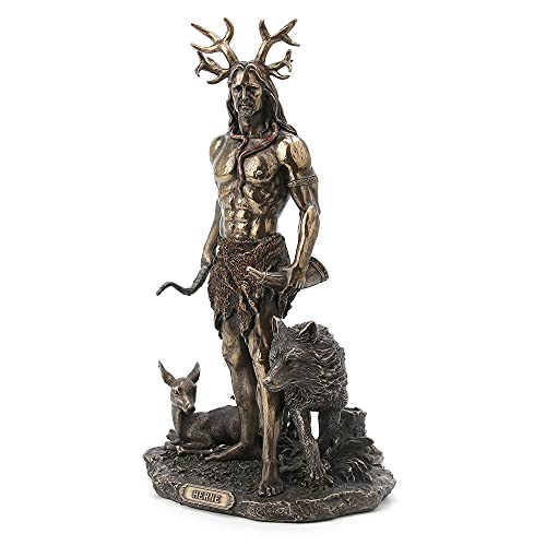 Veronese Design 11 3/4 Inch Tall Herne The Spirit Hunter Of Windsor Forest Standing With Deer And Wolf Cold Cast Bronzed Resin Sculpture Celtic Wicca Statue #TOP6
