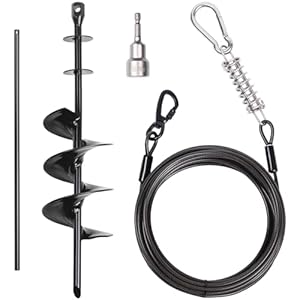 Heavy Duty Dog Tie-Out Cable and Stake for Yard Camping, with 30ft Heavy Duty Cable with Spring, for Small Medium Large Dogs up to 210 lbs, 360°Swivel Dog Run- No Tangle, Spiral Dog Stake