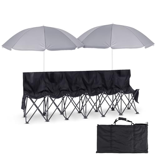 Cinnvoice Folding Soccer Bench Chair Portable Team Sports Sideline Team Bench Seat with Umbrella for Football Camp Travel Events Outdoor Seating with Storage Bag(6 Seat)