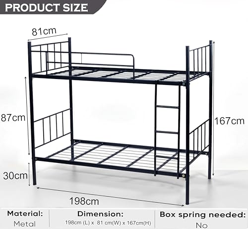 Image of Spacecrafts Twin Metal Powder Coated Space Saving Guest Bed | 1+1 Metal (Mild Steel) Bunker Cot Bed - Single - Frame only | Mattress not Included (Size: L:198, W:81, H:167 CM)