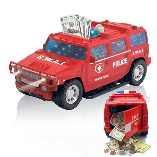 Image of Cable World Dual Function Police Car Piggy Bank for Kids, Electronic ATM Bank Toy, Battery Oprated 3D Light & Music Police Car, Money Savings Box Mini ATM Coin Bank for Boys & Girls Ages 3+