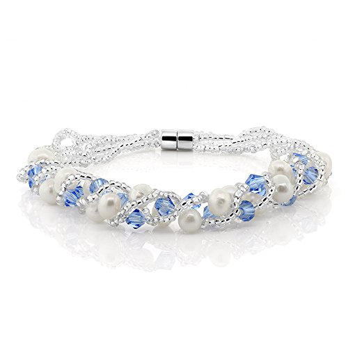 Gem Stone King 17 Inch White Cultured Freshwater Pearl And Blue Crystal Mash Necklace And Bracelet Set For Women (Necklace: 17 Inch, Bracelet: 6.5 Inch) #TOP1