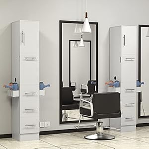 Beauty Salon Station, Salon Stations for Hair Stylist w/3 Drawer & 1 Large Cabinet, Barber Stations with 10 Hair Dryer Holders, Spa Salon Equipment Set (White)