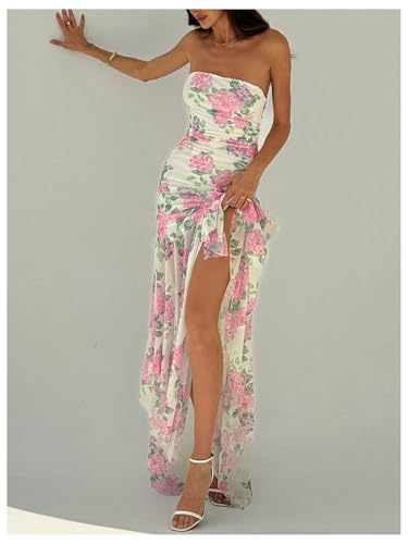 Image of Floerns Tube Tops Dress for Women Asymmetrical Stretch Sexy Ruched Long Bodycon Cocktail Evening Wedding Guest Dress