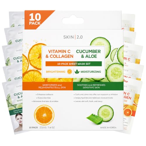Image of Skin 2.0 Collagen Face Mask With Vitamin C + Aloe & Cucumber - Dermatologist Tested, Anti Aging, Korean Skin Care - Moisturizes, Firms, Soothes & Helps Reduce Dark Spots - Vegan Clean Beauty, 10 Count