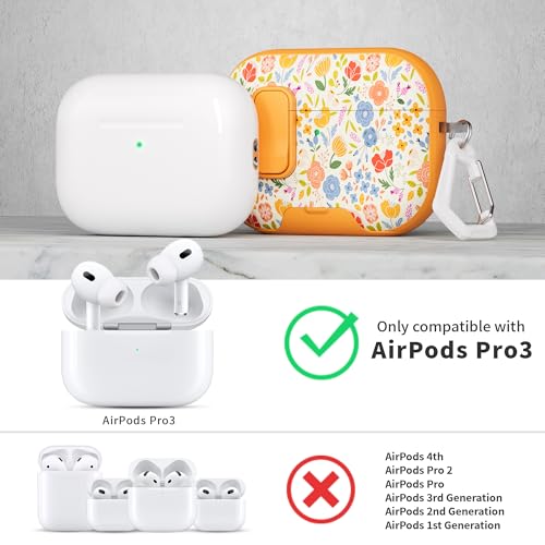 Image of for AirPods Pro 3 Case(2025) with Secure Lock Clip and Phone Stand,Cute Floral Girly Style Protective Cover with Cleaning Kit and Carabiner for Apple iPod Pro 3rd Generation(Sunshine Petals)