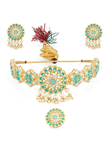 ZAVERI PEARLS Turquoise & Green Stones Studded Flower Choker Neck...