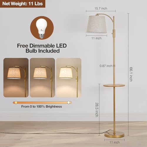Image of AIDENOEY Fully Dimmable Floor Lamp for Living Room，Standing Lamp Rotary Switch with Table&Linen Beige Shade，Golden Tall Lamps for Bedroom with Adjust Head，9W LED Bulb Included
