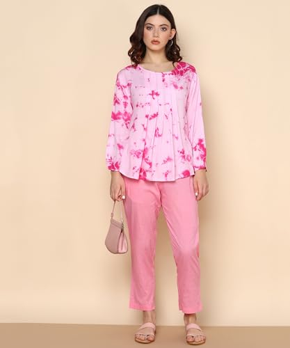 Image of Maaesa Pink Split Tie Dyed Rayon Staple Top