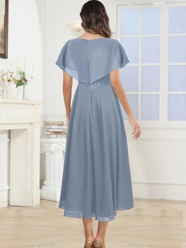 Tea Length Mother of The Bride Dresses for Wedding Cape Sleeves Applique V-Neck Chiffon Formal Dress2