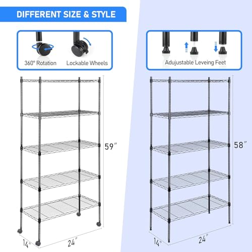 Image of Simple Deluxe 5-Tier Storage Shelving Units, 24.02 inch W x 13.78 inch D x 59 inch H Wire Shelf with Wheels & Leveling Feet, Black