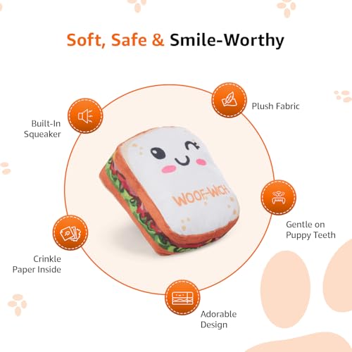 Image of Amazon Basics Squeaky Plush Dog Toy | Cute Sandwich Design | Crinkle & Squeak Sound | Soft & Durable | for Puppies & Small Dogs | Ideal for Chewing, Fetch & Play