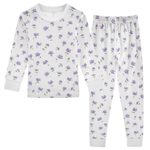 Cartoon Pajamas Set Flower Purple Pattern Floral Long Sleeve PJs Cotton Jammies Sleepwear Top and Pants