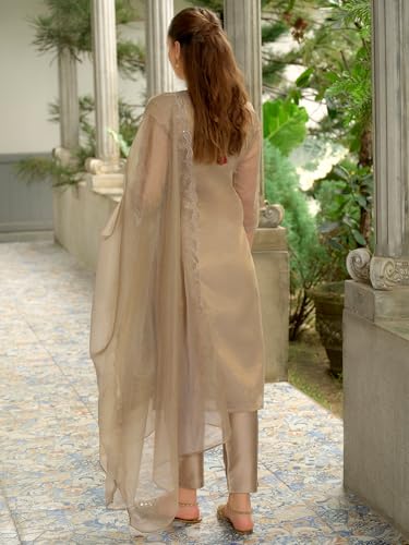 Image of INDO ERA Women's Silk Blend Ethnic Motifs Solid Straight Kurta & Pant with Dupatta Set (RROUT10695)