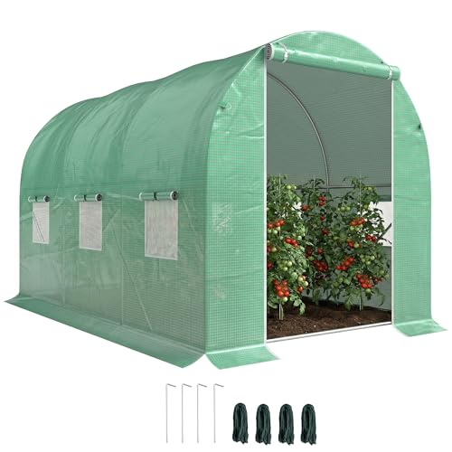 Outsunny Tunnel Serre de Jardin Surface au Sol 6 m² dim. 3 x 2 x 2 m Châssis Tubulaire renforcé Porte battante 6 fenêtres enroulables Vert